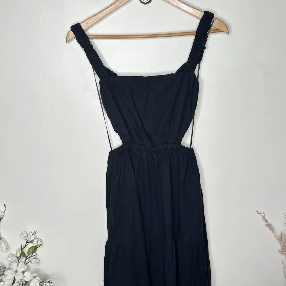 ABERCROMBIE & FITCH Linen Blend Cut Open Black Maxi Vacation Dress Sz M {3N16}